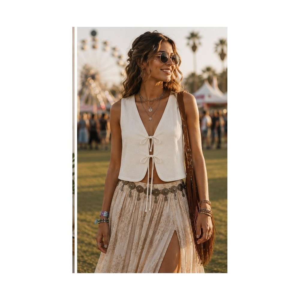 NWT LUSH Off-White Textured Festival Style Tie Front Top – Size Small
